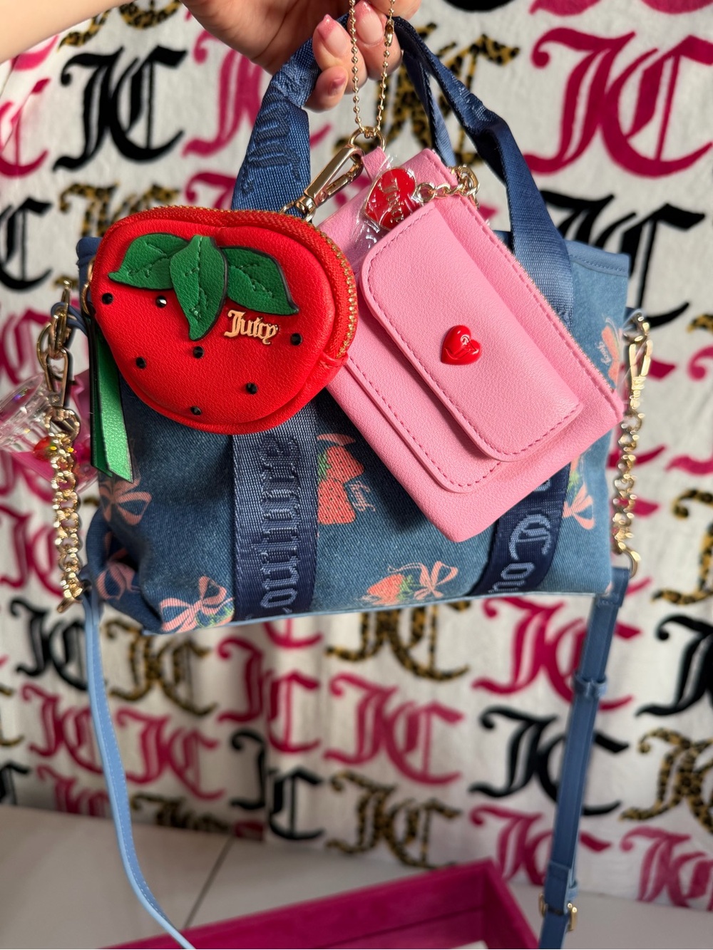 Juicy Couture Blue denimMini Tote with Pink Card Holder and Red Strawberry Charm